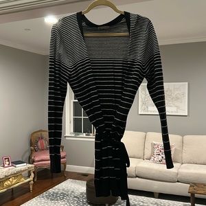 Black and white striped cardigan with tie belt